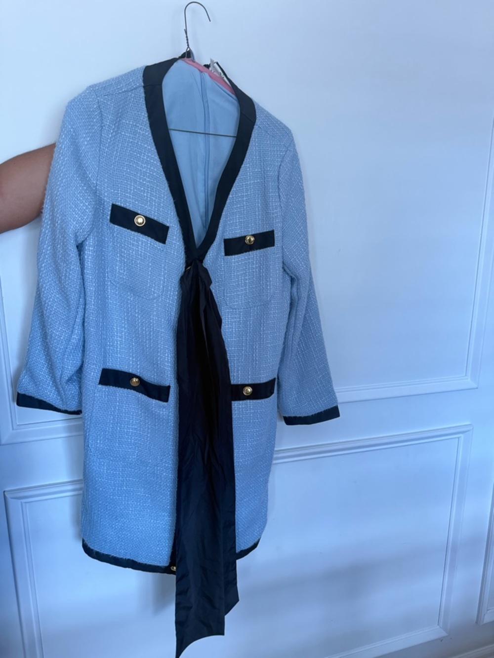 Tuckernuck Sky Blue Tweed Long Blazer with Black Trim & Gold Buttons